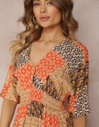 retro & icone Rochie Maxi Portocalie cu mânecă scurtă și cu elastic la talie din viscoză Aveda