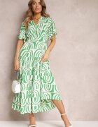 retro & icone Rochie Maxi Verde-Bej din Vâscoză cu Spate Decupat și Volane Jayliana