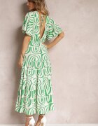 retro & icone Rochie Maxi Verde-Bej din Vâscoză cu Spate Decupat și Volane Jayliana