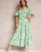 retro & icone Rochie Maxi Verde-Bej din Vâscoză cu Spate Decupat și Volane Jayliana