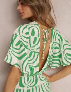 retro & icone Rochie Maxi Verde-Bej din Vâscoză cu Spate Decupat și Volane Jayliana