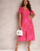 retro & icone Rochie Midi Roșu-Roz Taliată cu Mânecă Scurtă și Elastice în Talie Zerala