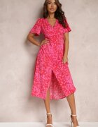 retro & icone Rochie Midi Roșu-Roz Taliată cu Mânecă Scurtă și Elastice în Talie Zerala