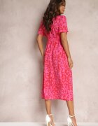 retro & icone Rochie Midi Roșu-Roz Taliată cu Mânecă Scurtă și Elastice în Talie Zerala