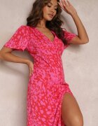 retro & icone Rochie Midi Roșu-Roz Taliată cu Mânecă Scurtă și Elastice în Talie Zerala