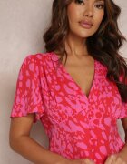 retro & icone Rochie Midi Roșu-Roz Taliată cu Mânecă Scurtă și Elastice în Talie Zerala