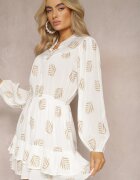 retro & icone Rochie Mini Albă cu Frunze cu Croială Evazată și Volan Lairee