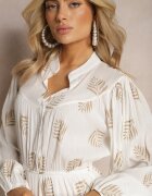retro & icone Rochie Mini Albă cu Frunze cu Croială Evazată și Volan Lairee