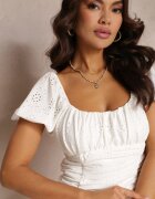retro & icone Rochie Mini Albă din Bumbac cu Inserții Ajurate și Mâneci Scurte Dailania