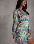 retro & icone Rochie Mini Albastru-Verde Încrețită cu Volane cu Croială Cambrată cu Decolteu Petrecut Aragnila