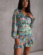 retro & icone Rochie Mini Albastru-Verde Încrețită cu Volane cu Croială Cambrată cu Decolteu Petrecut Aragnila