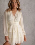 retro & icone Rochie Mini Bej deschis Cloș cu Imprimeu Metalic și Volane Enrilea