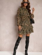 retro & icone Rochie Mini Bej-Verde Evazată Decorată cu Sclipici Giannes