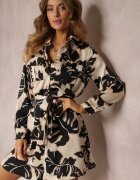 retro & icone Rochie Mini Florală Bej-Negru cu nasturi și curea din material Dossisi