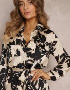 retro & icone Rochie Mini Florală Bej-Negru cu nasturi și curea din material Dossisi