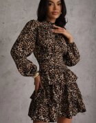 retro & icone Rochie Mini Maro cu croi evazat cu imprimeu leopard cu volane Gerttera