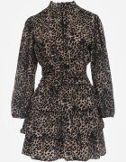 retro & icone Rochie Mini Maro cu croi evazat cu imprimeu leopard cu volane Gerttera