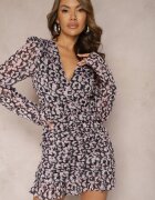 retro & icone Rochie Mini Negru-Roz Încrețită cu croială mulată și mâneci bufante Erilna