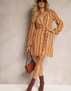 retro & icone Rochie Mini Portocalie în Dungi cu Decolteu Petrecut și Curea din Material Aketane
