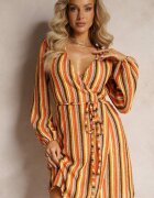 retro & icone Rochie Mini Portocalie în Dungi cu Decolteu Petrecut și Curea din Material Aketane