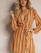 retro & icone Rochie Mini Portocalie în Dungi cu Decolteu Petrecut și Curea din Material Aketane