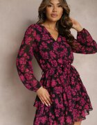 retro & icone Rochie Mini Roz cu croi evazat floral cu elastic în talie și decolteu în V Dehemella