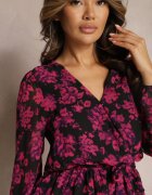 retro & icone Rochie Mini Roz cu croi evazat floral cu elastic în talie și decolteu în V Dehemella