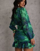 retro & icone Rochie Mini Verde Cambrată cu Decolteu Petrecut Decorată cu Încrețituri și Volan Sanitresa