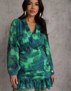 retro & icone Rochie Mini Verde Cambrată cu Decolteu Petrecut Decorată cu Încrețituri și Volan Sanitresa