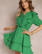 retro & icone Rochie Mini Verde cu Elastic în Talie și Volane Makenza