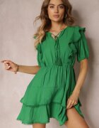 retro & icone Rochie Mini Verde cu Elastic în Talie și Volane Makenza
