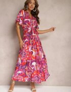 retro & icone Rochie Mov-Roz din Viscoză cu Croială Cloș cu Nod Decorativ și Mâneci Largi Janamla