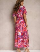 retro & icone Rochie Mov-Roz din Viscoză cu Croială Cloș cu Nod Decorativ și Mâneci Largi Janamla