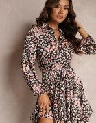 retro & icone Rochie Neagră Cloche Tip cămașă cu Cordon Legat Shesh