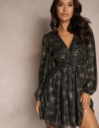retro & icone Rochie Neagră Cloș cu elastic în talie și imprimeu metalic decorativ Bonilaine