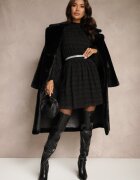 retro & icone Rochie Neagră Cloș cu guler înalt și elastic în talie Decorată cu fir metalic Vencira