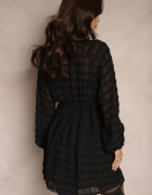 retro & icone Rochie Neagră Cloș cu guler înalt și elastic în talie Decorată cu fir metalic Vencira