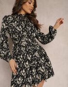 retro & icone Rochie Neagră Cloș Mini cu Elastic în Talie cu Imprimeu Mushe