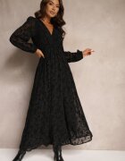 retro & icone Rochie Neagră cu Flori din Catifea cu Inserții Transparente cu Croi Evazat Gelabira