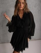 retro & icone Rochie Neagră din Plasă Evazată cu Volane Zenniria