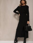 retro & icone Rochie Neagră Elegantă din Viscoză cu Elastic în Talie Decorată cu Decupaj Elegant Kistaria