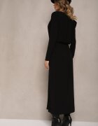 retro & icone Rochie Neagră Elegantă din Viscoză cu Elastic în Talie Decorată cu Decupaj Elegant Kistaria