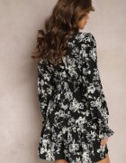 retro & icone Rochie Neagră Evazată cu Imprimeu Floral Volane și Elastic în Talie Navitiss