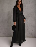 retro & icone Rochie neagră netedă Maxi cu croială evazată cu mâneci largi și decolteu triunghiular Biswas