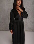 retro & icone Rochie neagră netedă Maxi cu croială evazată cu mâneci largi și decolteu triunghiular Biswas