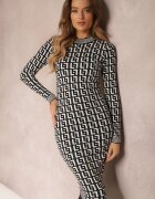 retro & icone Rochie Negru-Alb Tricotată cu Model Geometric cu Guler tip Maletă Warina