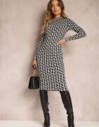 retro & icone Rochie Negru-Alb Tricotată cu Model Geometric cu Guler tip Maletă Warina
