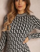 retro & icone Rochie Negru-Alb Tricotată cu Model Geometric cu Guler tip Maletă Warina