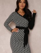 retro & icone Rochie Negru-Albă Tricotată cu Model Geometric cu Decolteu Petrecut Qurrat