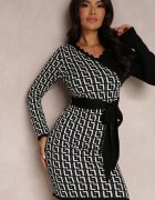 retro & icone Rochie Negru-Albă Tricotată cu Model Geometric cu Decolteu Petrecut Qurrat